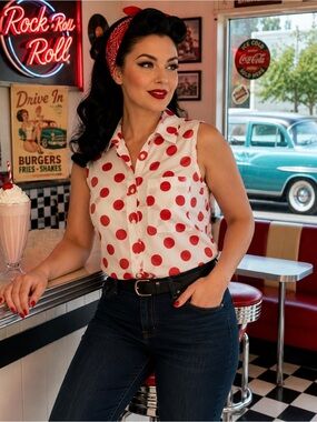 Vintage Simply Basic Red Polka Dot Sleeveless Button Front Blouse Medium